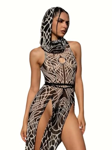Women's Desert Warrior Mesh Costume Set – Cyber Print Bodysuit with Split Skirt and Face Hood for Festival & Rave (Black, M)