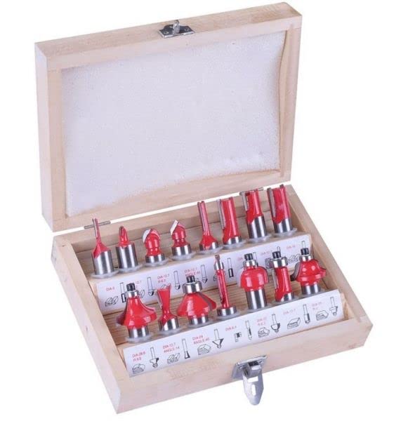 Assortimento di 15 frese per legno per scanalare (dritte, coda di rondine, conica a 