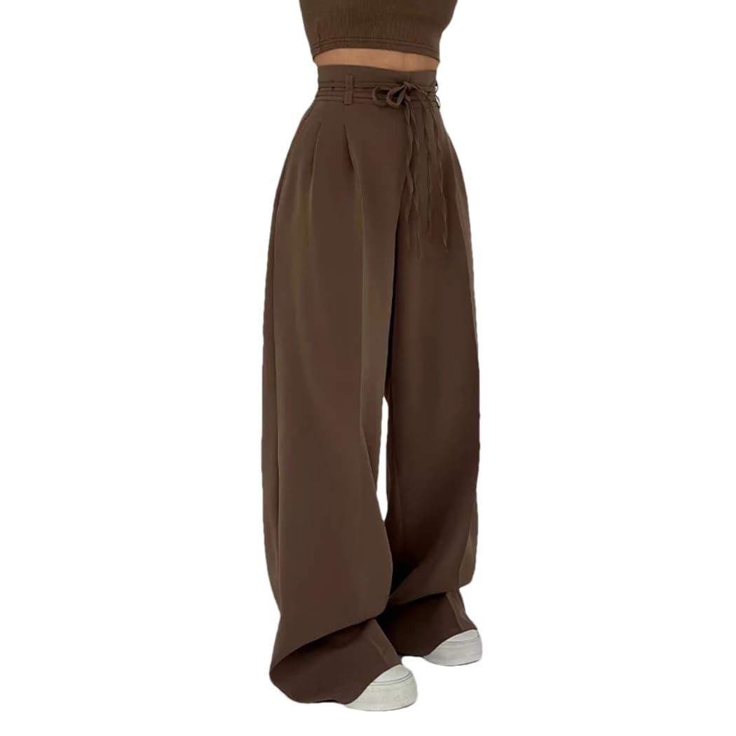 Women High Waist Double Drawstring Baggy Fit Long Suit Trousers Casual Office Lady Wide Leg Pants