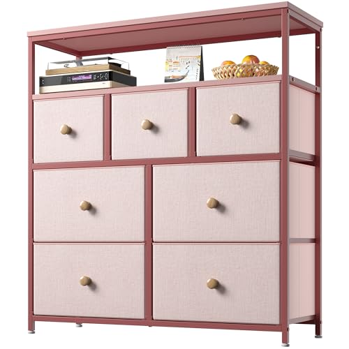 Image of EnHomee Pink Dresser with 7 Fabric Dresser and 2 Shelves, TV Stand for Bedroom Chest of Drawers for Bedroom, Hallway