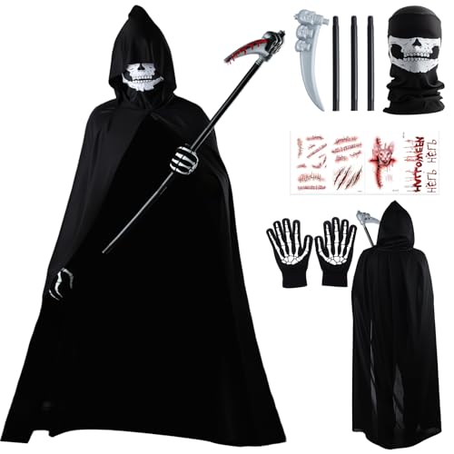 BBWELL Halloween Disfraz de Parca Adulto,Disfraz de Parca de Halloween,Conjunto de Disfraces de Reaper,Traje de Muerte con Máscara de Calavera, Guadaña y Guantes para Halloweens,Carnavales y Cosplay