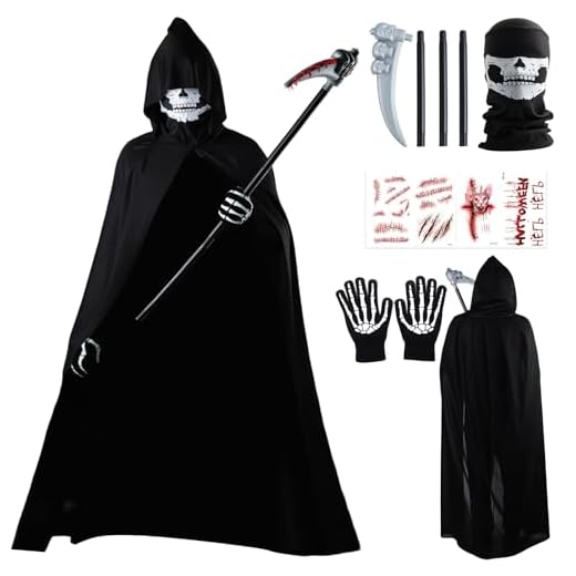 BBWELL Halloween Disfraz de Parca Adulto,Disfraz de Parca de Halloween,Conjunto de Disfraces de Reaper,Traje de Muerte con Máscara de Calavera, Guadaña y Guantes para Halloweens,Carnavales y Cosplay