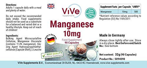 Mangan 10 mg - 90 Kapseln - Hochdosiert - Essentielles Spurenelement - Vegan | Qualität aus Deutschland von ViVe Supplements