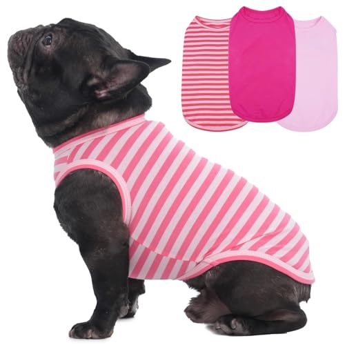 3 Pack Striped Pink Dog Tshirt,French Bulldog Large Sleeveless Tee to Prevent Overheating,Seaside,Backyard,Lightweight Cozy Indoor Wearing,Striped & Solid Color(Pink,L)