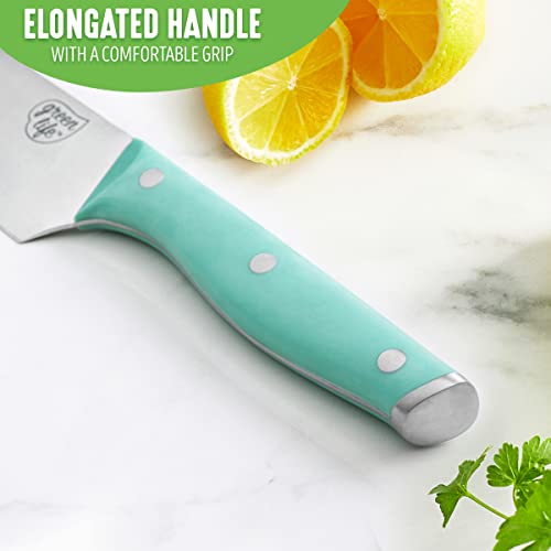 Greenlife High Carbon Stainless Steel 5 Piece Knife Set With Covers, Includes Chef Santoku Serrated Utility And Pairing, Comfort Grip Handles, Triple Rivet Cutlery, Turquoise #TOP5