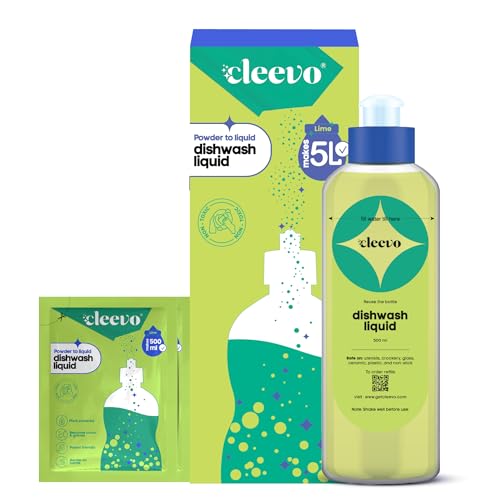 Image of Cleevo Dishwash Liquid Gel 5L Bottle Pack (10 Sachets make 5Litres) |Powder to Liquid| Removes Oil & Burnt Residue | Non-Toxic, Kids & Pet Safe Dish Cleaner (Lime)