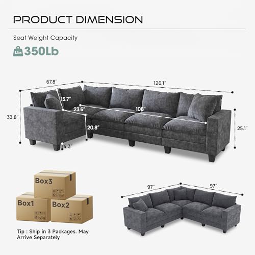 Image of 126 inch L Shaped Sectional Couch, Comfy Chenille Cloud Couch, 5 Seat Modular Cloud Sofa with 2 Pillows & Storage Armrests, Convertible V Shaped Corner Couch, Sectional Couches for Living Room, Gray