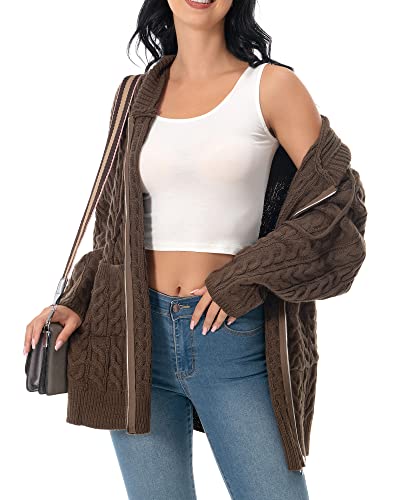 Image of Shineflow Women Hooded Cardigan Oversized Slouchy Zipper Cable Knit Cardigan Coat Solid Color Sweater Casual Knit Knitwear