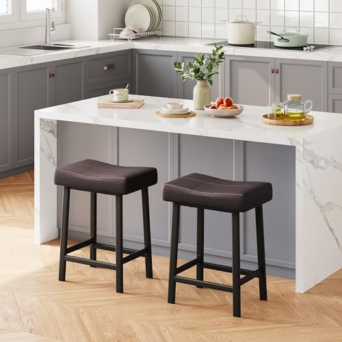 IDEALHOUSE Set de 2 Butacos Elegantes de 24 Pulgadas sin Respaldo, Asiento Curvado Tapizado en PU Leather con Estructura Metálica y Reposapiés para Cocina o Bar en Casa (Marrón) miniatura 2