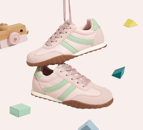 LUCKY STEP Boys Girls Casual Fashion Sneakers Classic Retro Walking Shoes Non Slip Running Trainers for Little Kids(3 M US Pink/Green)