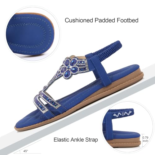 Image of iCKER Womens Rhinestone Strappy Flat Sandals Elastic Ankle Strap Open‑Toe | Sparkling,for wedding,party,evening dates,special occasion,Vacation,Formal