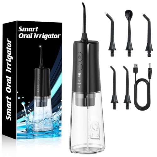 Pochrus Irrigador Dental Portatil DIY, Irrigador Bucal Inalámbrico 5 Modos y 3 Intensidades, Depósito 300 ml y Base Extraíble, Carga USB, Impermeable IPX7, Sin BPA, Silencioso (Negro-01)