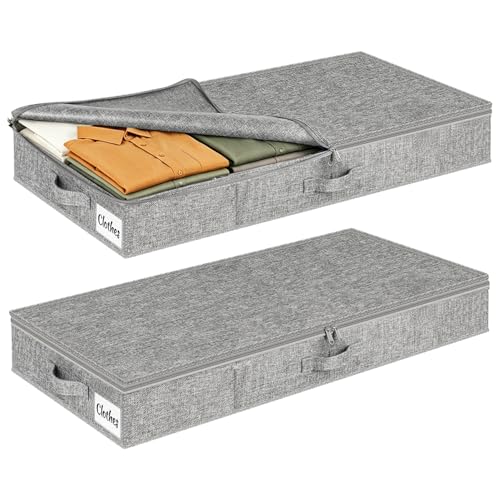 Lot de 2 Boîtes de Rangement Sous Lit avec Couvercle, Boite en Tissu Durable Sac de Rangement Pliable et Lavable, 3 Poignées Renforcées, Grande Capacité...