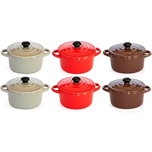Hobby Concept 6 Mini Cocottes Céramique avec Double poignées et Couvercle Plat, Rond, Multi-Couleur, Rouge, Gris, Marron