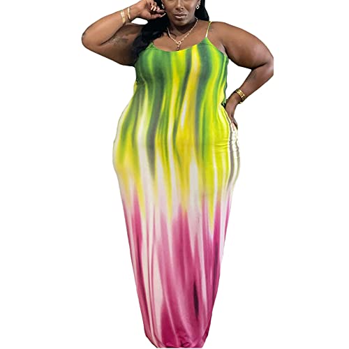 Image of BFFBABY Womens Summer Suspender Maxi Dress Plus Size Striped Printed Sleeveless with Pockets and Belt