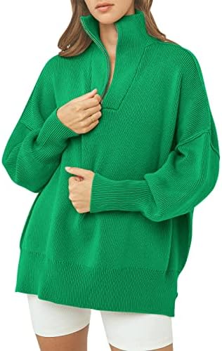 ANRABESS Women's Quarter Zip Oversized Sweater Half Zipper Long Sleeve Collar Lapel Drop Shoulder Casual Lightweight Slouchy Soft Split Hem 2023 Fall Sweatshirt Pullover Outfits 566qinglv-M Green