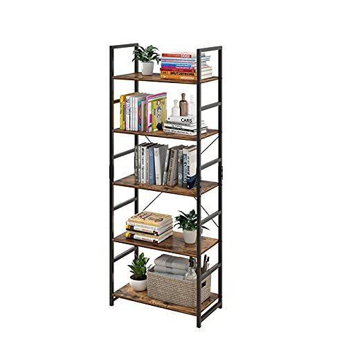 BENOSS 5 Tier Vintage Bookshelf Wood and Metal Frame Bookcase Shelf Industrial Storage Organizer Modern Display Shelf Rack Open Standing Shelving Unit for Bedroom Living Room and Home Office