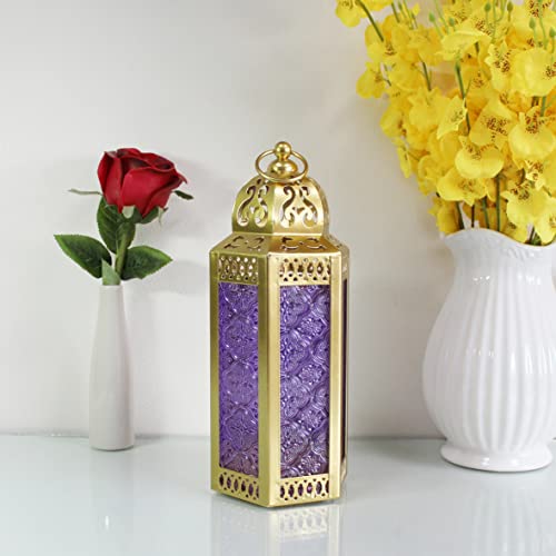 Cvhomedeco. Decorative Candle Lantern Moroccan Lanterns Vintage Golden Metal Lantern Holder For Home Patio Outdoor Decor. Purple Glass, Medium #TOP4