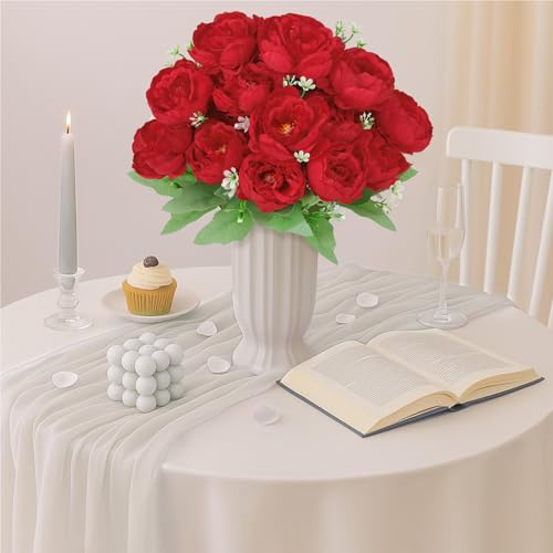 Image of 8 Pack Red Peonies Artificial Flowers, Fake Silk Hydrangea Bouquet for Bridal Wedding Home Table Decor Reusable Dining Opening Ceremony Birthday Arrangement Faux Floral