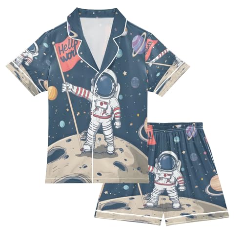 ALAZA Cute Astronaut Solar System Hello World Space Satin Pajamas Set Short Sleeve Button Down Sleepwear Summer Pjs 2 Piece