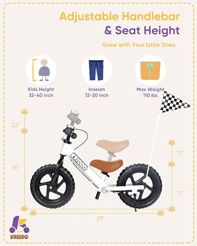 Image of KRIDDO Pro Toddler Balance Bike 2+ Year Old with Hand Brake and Kickstand, 12 Inch Push Bicycle, Gift Bike for 2-5 Boys Girls, White