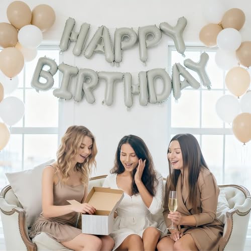 Image of Beige Happy Birthday Balloon Banner 16 Inch - Foil Happy Birthday Letters Balloons Neutral Decor for Men Women Birthday Party Decorations, Reusable Birthday Sign Supplies