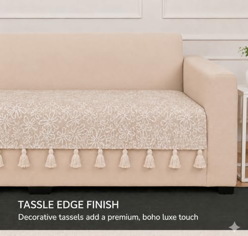 Image of STITCHNEST 'Verdant Phool Stories' 2 Seater Sofa Cover| Elegant Jacquard Fabric, Decorative Tassels, Washable & Durable for Modern Living