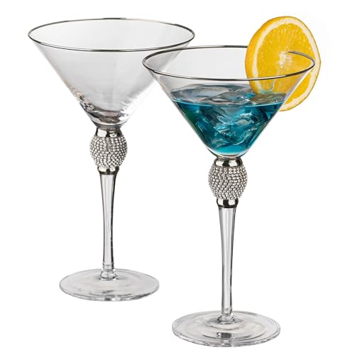 Image of 2 Piece Premium Clear Stem Crystal Martini Glasses with Silver Rim and Diamond-like Rhinestones, Elegant 10oz Glassware Set for Cosmopolitan, Vodka, Gin and Other Cocktails, Fancy Manhattan Drinkware