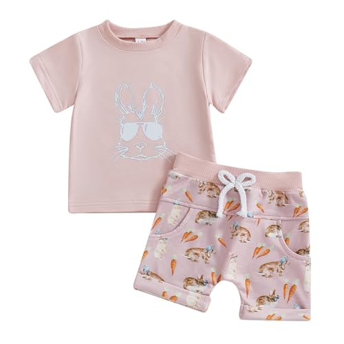 Image of YINGISFITM Toddler Baby Boy Girl Easter Outfit Short Sleve Bunny Shirt Top Bunny Shorts Kids Easter Clothes Summer clothing