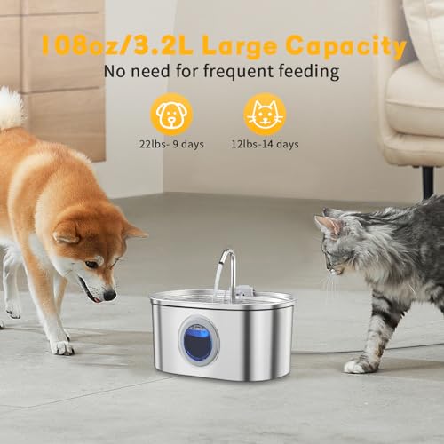 Cat Water Fountain, 3.2L/108oz Stainless Steel Pet Water Fountain, Automatic Dog Water Fountain with Water Level Window, Quiet Pump, Multi-Filter, Dishwasher Safe Water Fountain for Cats Inside