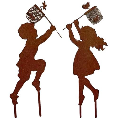 Pfjsseey Silueta de Hadas de Metal, Siluetas de niña de niña Persiguiendo a la Mariposa de Hada de Metal estacas de jardín de jardín de de la Silueta de, decoración rústica del de