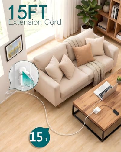 Addtam Protector contra Sobretensiones Regleta de Energía, 8 Tomas con 4 Puertos USB (2 USB C), Cable de Extensión de 15 pies con Múltiples Tomas, Extensor de Salida de 3 Lados, Enchufe Plano, Montaje en Pared, ETL, Blanco miniatura 3