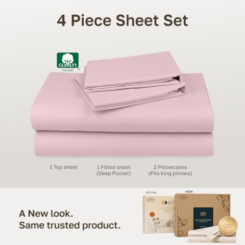 Image of Soft Natural 100% Cotton Sateen King Size Sheets, 4 Pc Set, Pink
