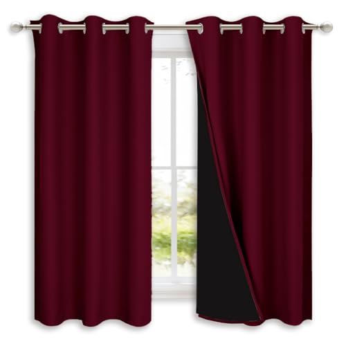 Image of NICETOWN 100% Blackout Short Curtains with Black Liners, 2 Panels, 37 inch W by 60 inch L, Wine Red, Solid Thermal Insulated Full Blackout 2-Layer Lined Drapes, Energy Efficiency Window Draperies for Bedroom