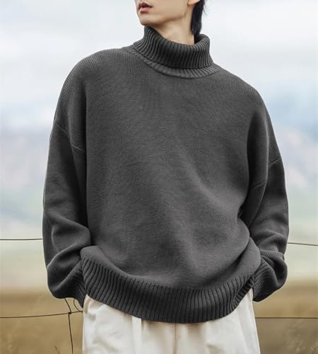 Men's Semi High Neck Solid Color Simple Couple Sweater Casual Loose Oversized Knitted Sweater4