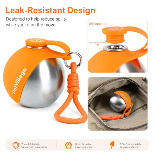 Image of 2-in-1 Dog Water Bottle with Foldable Bowl, Portable Leak-Proof Pet Travel Water Dispenser, Stainless Steel Dog Hydration Bottle for Walking, Hiking, Small Dogs & Puppies, Orange 10oz