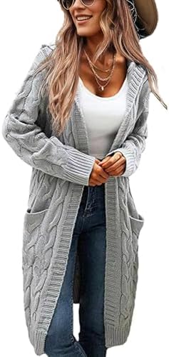 Women's Hooded Open Front Long Cardigan Cable Knit Sweaters Side Pocket Oversized Chunky Cardigan Outwear Coat