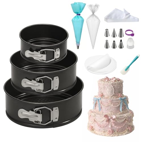 WERTIOO Backformen Springform Set 3 Stück – 10cm/18cm/22cm Runde Kuchenform aus Kohlenstoffstahl, Antihaftbeschichte – Fruchtkuchenform mit 20 Blatt Backpapier in jeder Größe & 1 Silikonspatel
