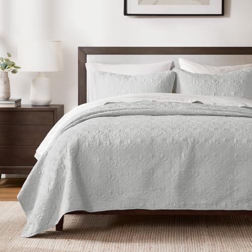 Image of Madison Park Luxurious Cotton Damask Quilt Set, 3PC Full /Queen Bed Set | All Season, Lightweight Stitching Coverlet Bedspread Bedding Stitching with Shams, Grey