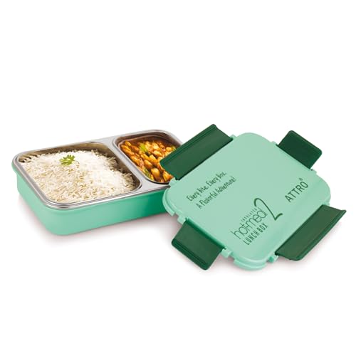 Image of ATTRO Hot-Meal 2 Insulated Lunch Box with 2 Compartment, Inner Stainless Steel & Locking Lid BPA-Free Food Grade Ideal for School, Office - 800ml Green