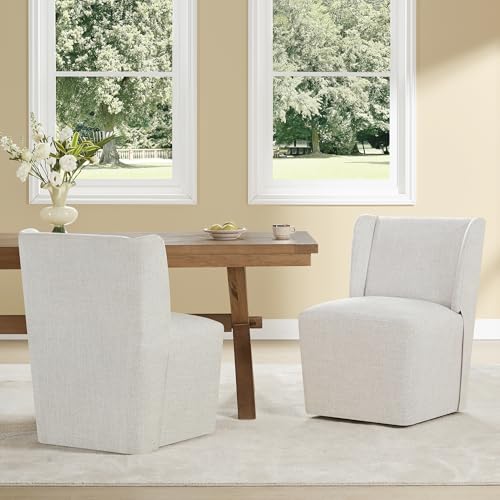 Image of KISLOT Upholstered Dining Chairs Set of 1 with Casters, Wingback Modern Side Armless Deskchair with Rollers for Diningroom Bedroom Livingroom Reading Room, Linen Fabric