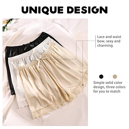 EYNDYN 3 Pcs Women Slip Shorts Bow Lace Satin Shorts Pettipants for Women Culottes Under Dresses Comfortable Mini Bloomer Pants Mid Thigh Culottes Half Slips Under Dresses - Thumbnail 4
