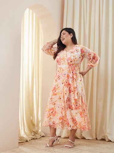 Image of Miss Chase A+ Women's V-Neck Three-Quarter Sleeve Floral Wrap Chiffon Midi Dress