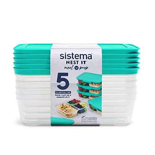 Sistema Nest It Meal Prep Food Storage Containers With Lids, 3 Compartments, 8 Cups, 5-Pack, Teal #TOP26