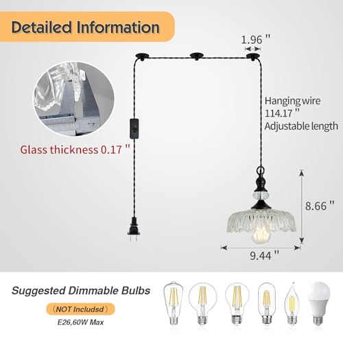 Image of CVKASH Plug in Glass Pendant Light Fixture Black Vintage Adjustable Chandelier Hanging Ceiling Light for Farmhouse Hallway Bedroom Foyer Kitcken Dining Room Island.