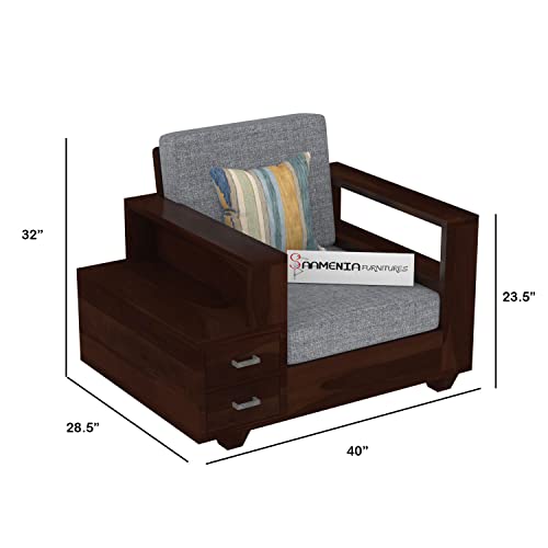 Image of Sheesham Wood Single Seater Sofa | 1 Seater Sofa with 2 Drawer Storage | Wooden Sofa Set Furniture for Living Room Home Office (Walnut Finish)