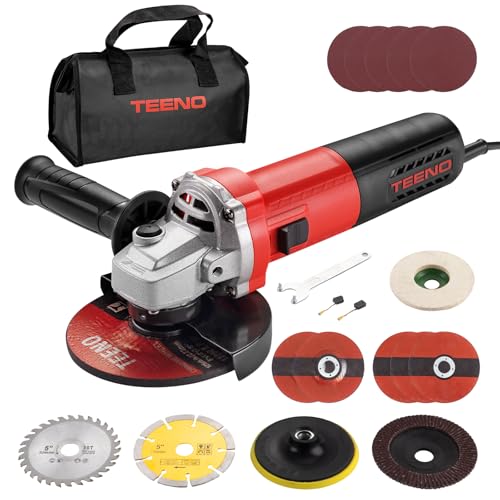 TEENO Amoladora Angular 125 MM 1000W 2000 12000 RPM Con 20 Accesorios, Radial Pequeña 125 mm, Amoladora Pequeña Para Cortar, Esmerilar y Pulir Metal, Madera, Cerámica y Piedra, Bolsa de Herramientas
