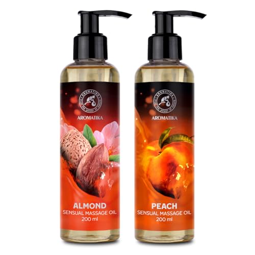 Huile de Massage Sensuelle Set Amande & Pêche 2x200ml - Naturelle - Mélange d'Huiles d'Amande et de Pépins de Raisin - Huile Massage Relaxante - Huile...