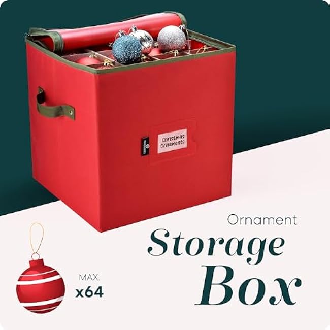Handy Laundry Christmas Ornament Storage - Stores upto 64 Holiday Ornaments, Adjustable Dividers, Zippered Top, Two Handles. Storage Box Keeps Holiday Decorations Clean and Dry for Next Season. (Red)