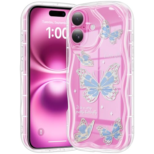 CASBST Compatible for iPhone 16 Case, Pretty Butterfly Print Three-Dimensional Wave Clear Case for Girls Women, Soft Full Package Anti-Fall Cover for iPhone 16, Water Blue Butterfly - image 1